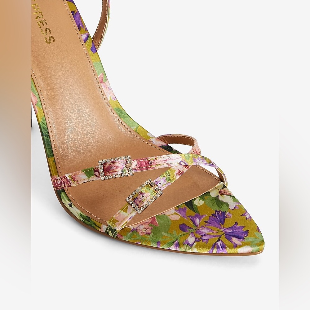 Express Pointed Toe Floral Satin Sandals - Rhinestone Detail - Women's 8 - Picture 3 of 13